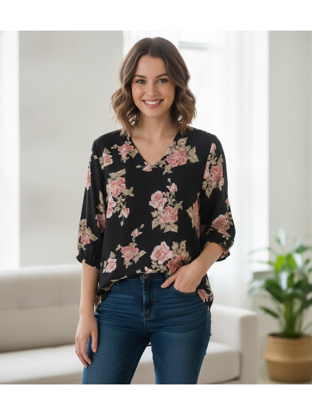 IZ Byer Women's Black Floral V-Neck Blouse, Medium